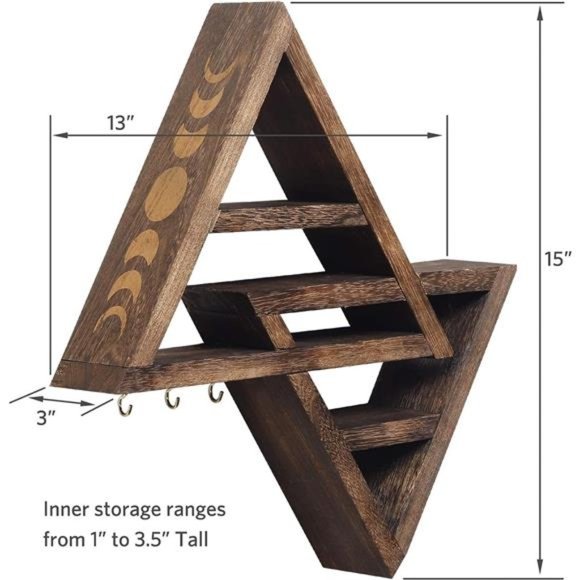 Moon Phase Triangle Shelf with Hooks -Moon Shelf for Crystal Display -Dark Brown - Picture 2 of 6